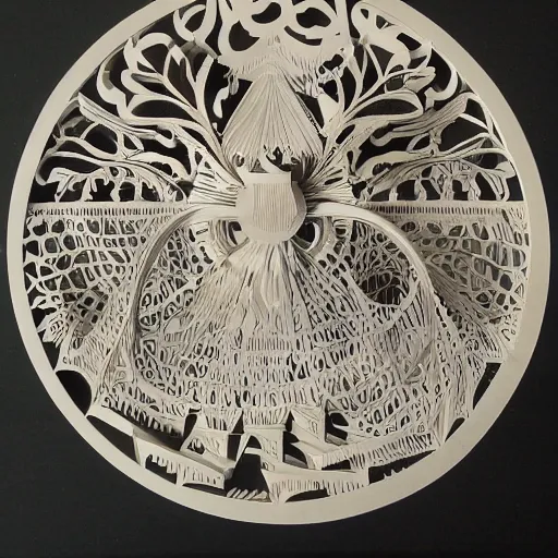 Prompt: intricate cut paper sculpture of the sorcerer's apprentice from fantasia