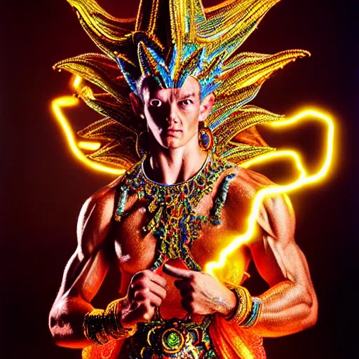 Prompt: uhd photorealisitc candid photo of a cosmic gogeta powering up. intricate details. ornate costume. glowing, powering up. hyperdetailed, accurate, studio lighting. correct face. photo by annie leibowitz and steve mccurry