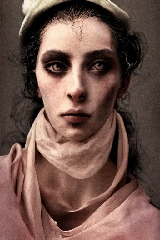 Image similar to hyperrealism close - up fashion portrait by roversi photo from the holy mountain by alejandro jodorowsky in style of francisco goya