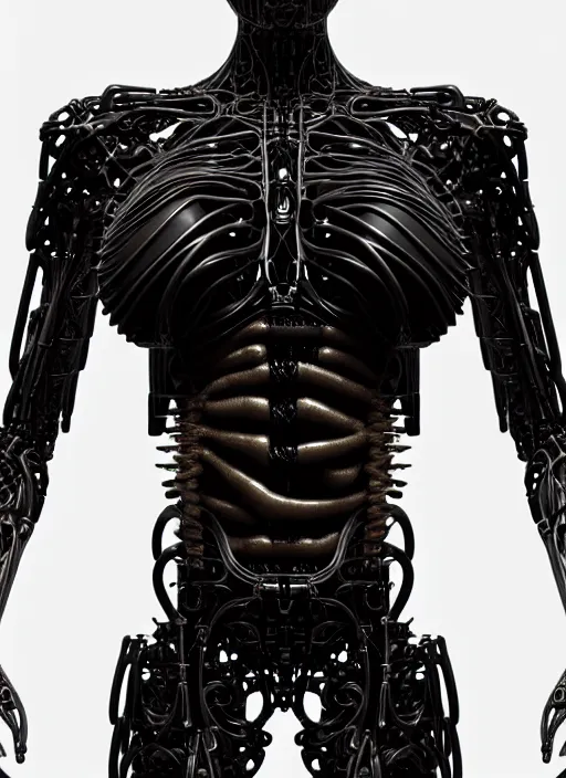 Prompt: organic cyborg full frontal torso close-up, Symmetrical! vivid blackest black satin plastic, diffuse lighting, fantasy, intricate, elegant, highly detailed, lifelike, photorealistic, digital painting, artstation, illustration, concept art, smooth, sharp focus, art by John Collier and Albert Aublet and Krenz Cushart and Artem Demura and Alphonse Mucha