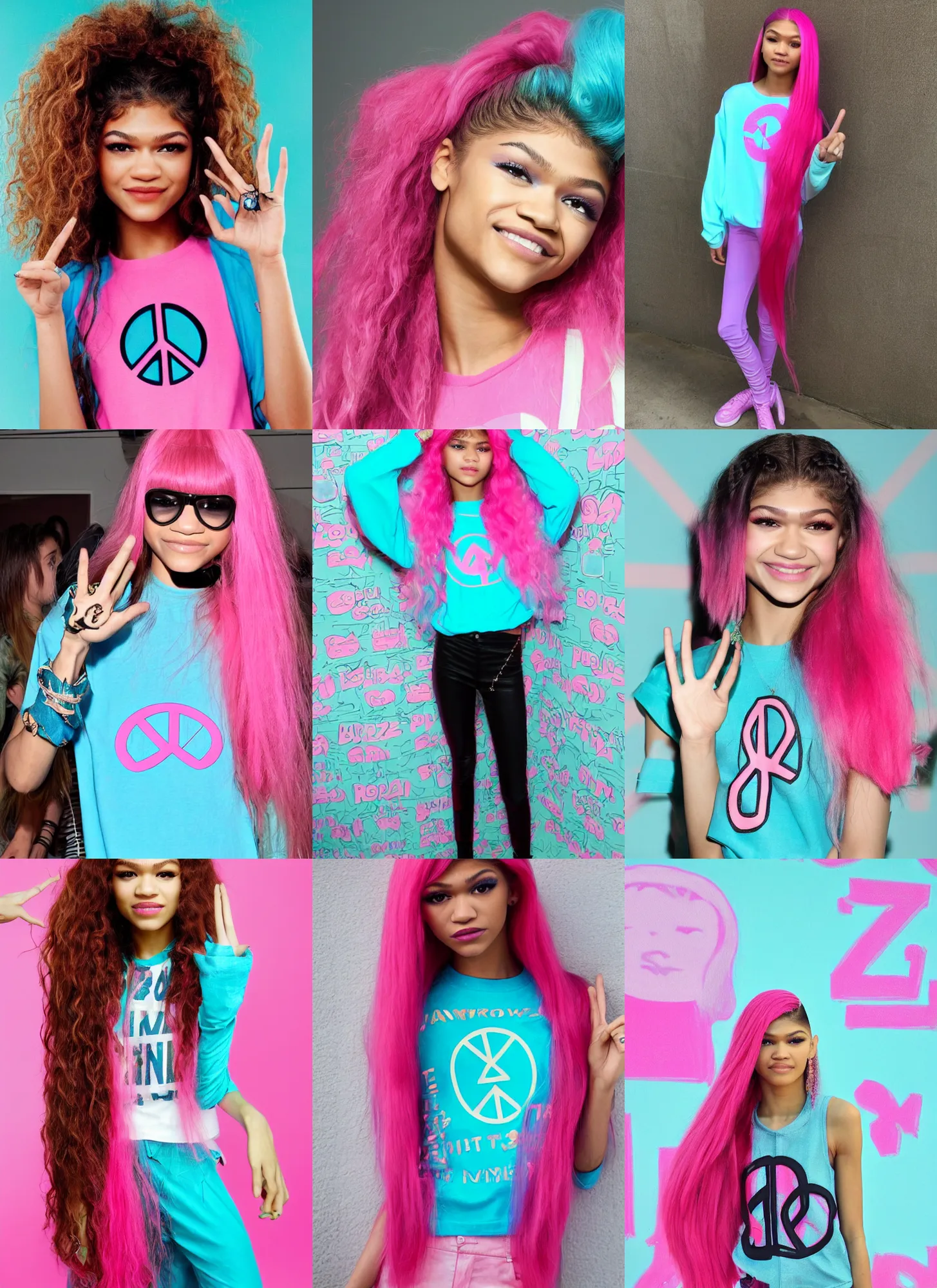 Prompt: zendaya, cute portrait, extremely long pink hair, cyan shirt, peace sign