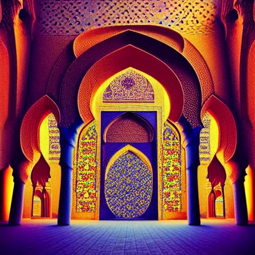 Image similar to cosmic cathedral created by the gods, large ( ( ( ( muqarnas ) ) ) ) beautiful moroccan colors, bold architecture, detailed, 4 k