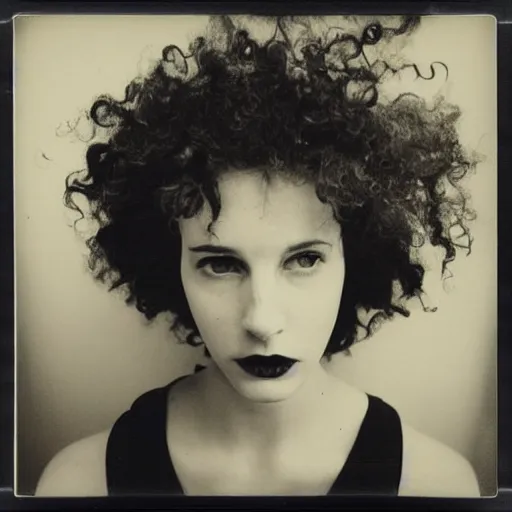 Image similar to polaroid picture, beautiful woman, curly hair, artistic, black and white, eerie, francesca woodman style