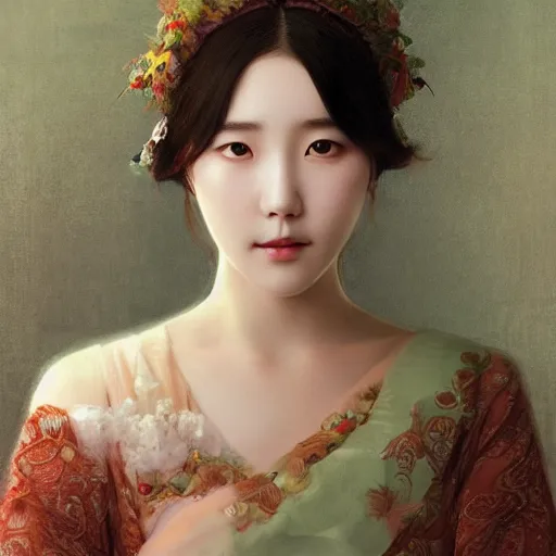 Image similar to IU, Korean Idol, Korean Artist, very detailed, digital art, concept art, studio quality, ethereal, art style by Edmund Bliar Leighton