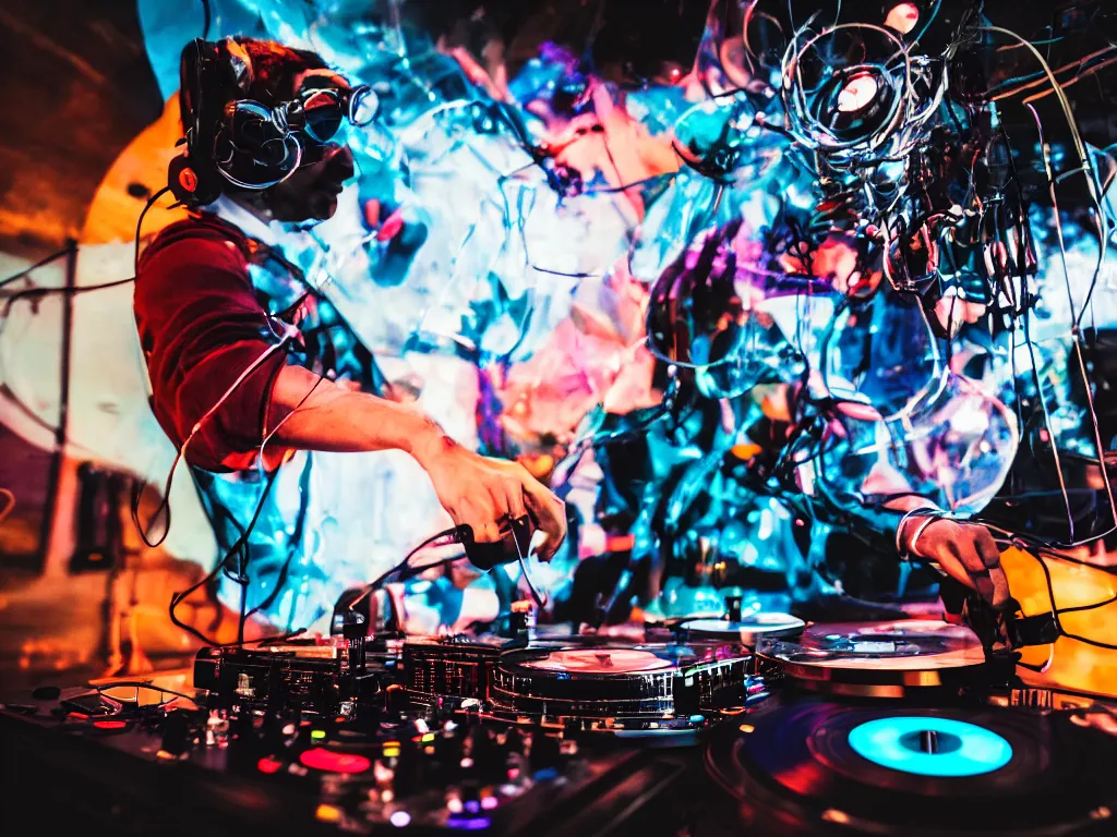 Prompt: a person wearing goggles and visor and headphones using a complex record player contraption, wires and tubes, turntablism dj scratching, intricate planetary gears, cinematic, imax, sharp focus, leds, bokeh, iridescent, black light, fog machine, hazy, lasers, color splash, cyberpunk