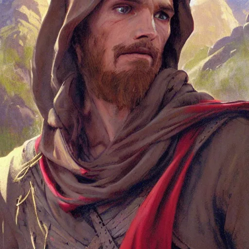 Image similar to ezra the elven desert bandit. Red robes. Epic portrait by james gurney and Alfonso mucha (lotr, witcher 3, dnd).