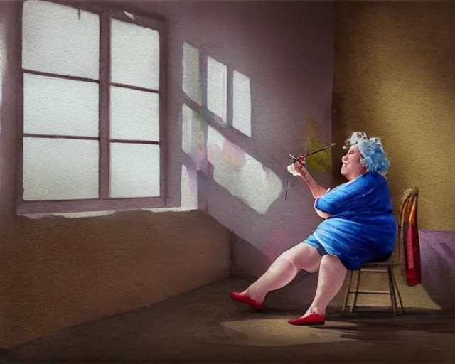 Image similar to an innocent and beautiful scene in hyper realistic style, watercolor and pen drawing, of a fat old woman painting a huge colorful fish on the wall, lighting from the barred window. shadows. 4 k. wide angle. wild mood. red mouth, blue eyes. deep focus, lovely scene. ambient occlusion render. unreal engine.