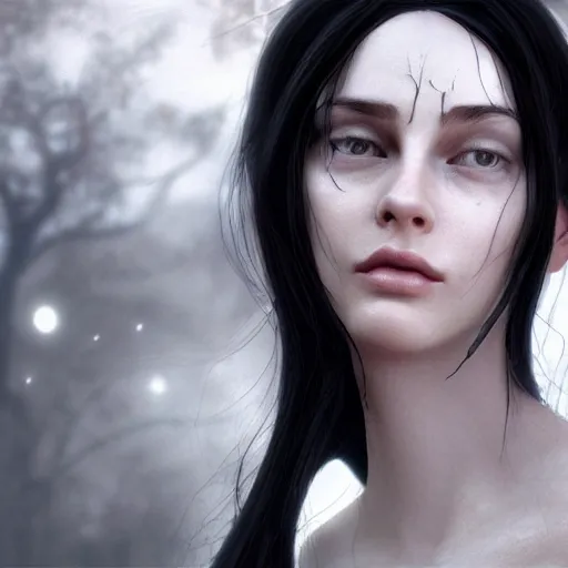 Image similar to Masterpiece! portrait of Arwen, an aesthetic beautiful! realistic black haired priestess, face close up, 30 years old woman, looks like young Liv Tyler, lotr , praying, with tears, soft cinematic light, by WLOP, 8K, octane render, artstation, deviantart, closer view, monochrome, lomography