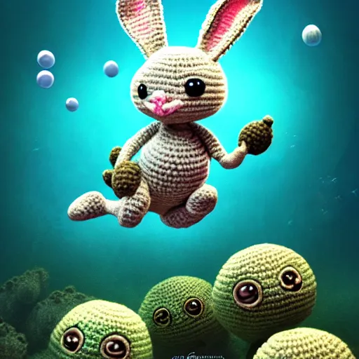Image similar to a baby crochet bunny diving underwater. cute, illustration, digital art, inspired by little big planet, by greg rutkowski, sharp, masterpiece, highly detailed, photorealistic, octane render, 8 k, unreal engine 5, trending on artstation, vivid colors