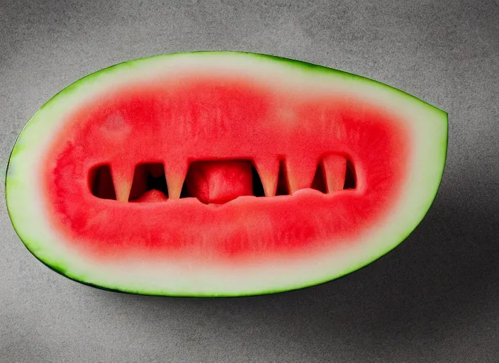 Image similar to photo still of a watermelon with human teeth, 8 k, studio lighting bright ambient lighting key light, 8 5 mm f 1. 8