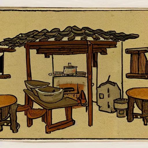 Image similar to Sketch of a medieval tavern with one floor, a counter, four round tables and a fireplace