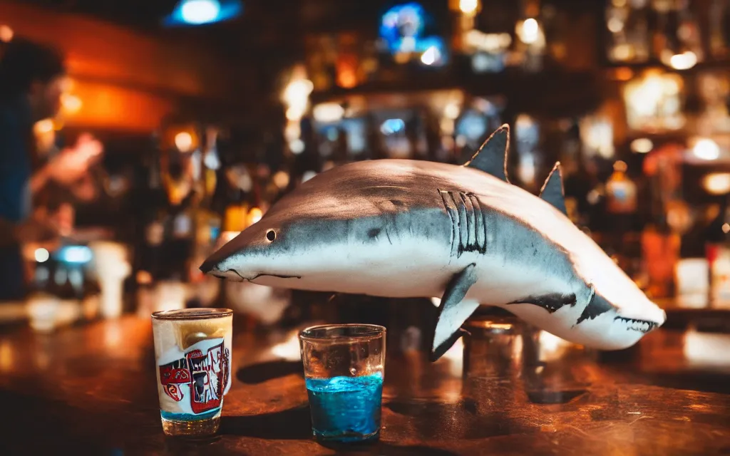 Prompt: Stuffed shark ordering a beer at a bar, plush toy, fish, dim lighting, 50mm, depth of field