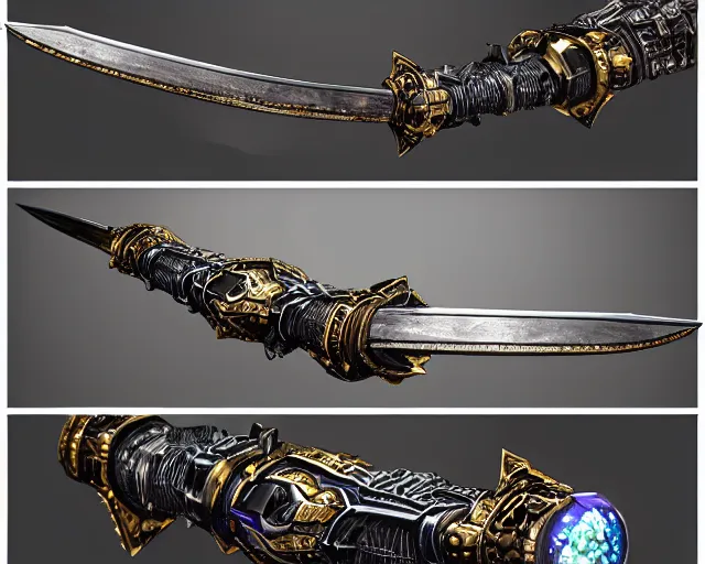 Image similar to legendary glowing sword of cybernetic technology on a table, digital award winning hd matte painting, intimate dark moody, intricate, long sharp black and iridescent blade, ornate spikes, colorful hilt, detailed realistic, raytraced blade, colored gems, golden pommel, in the style of greg rutkowski and krenz cushart, trending on artstation and deviantart
