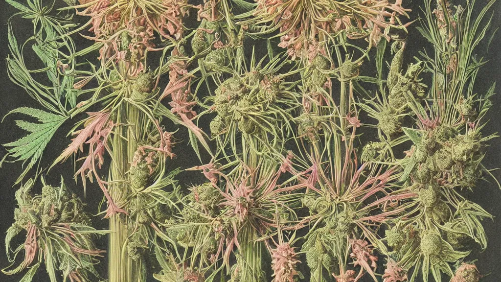 Image similar to Cannabis buds, by Ernst Haeckel and by Walton Ford