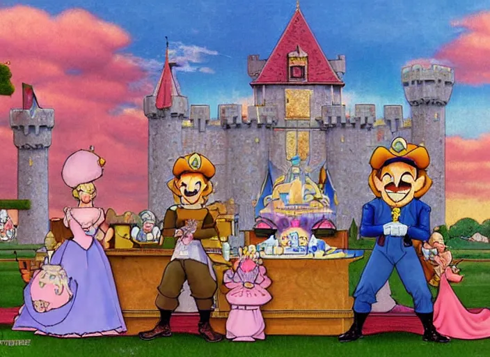 Prompt: princess peach's castle in the style of norman rockwell