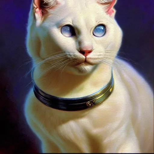 Prompt: a portrait of a manly humanoid anthromorphic furry white cat feline, blue eyes, star trek the next generation. highly detailed painting by gaston bussiere, craig mullins, j. c. leyendecker, furry