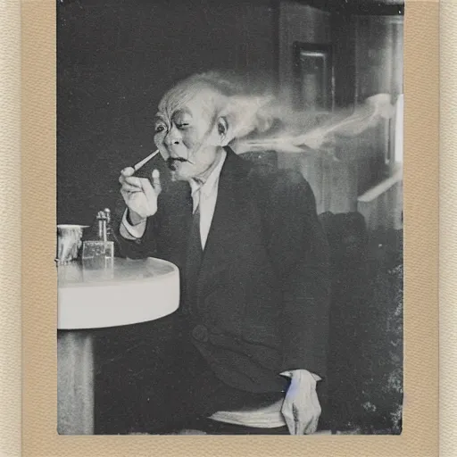 Image similar to an oldman, smoking, in a bar, chinese painting, polaroid, wide angle