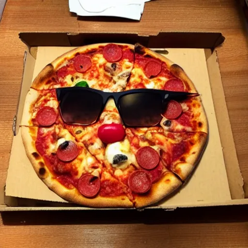 Prompt: pizza wearing sunglasses