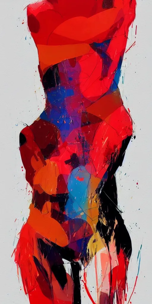 Image similar to abstract flowing brush strokes, stylized, torso of one!!! athletic man posing dramatically with no face in the center of the frame, by conrad roset, dark background, painting trending on artstation