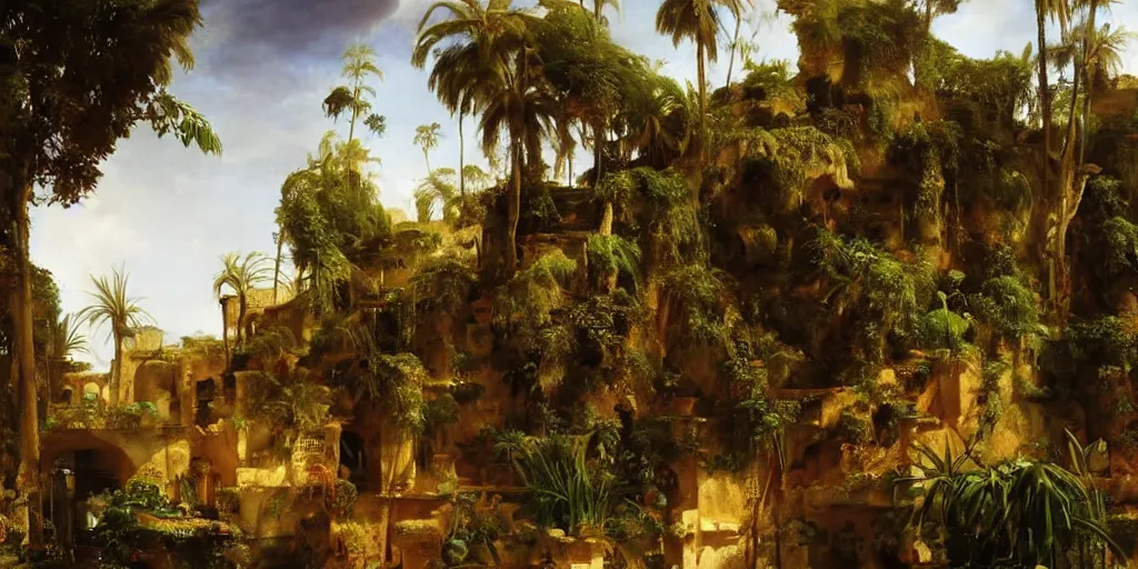 Prompt: beautiful landscape oil matte painting, of bustling empire hanging gardens of babylon, art by anders zorn, wonderful masterpiece highly detailed, beautiful cinematic light deep focus, elegant, digital painting, smooth, sharp focus, golden ratio, dramatic illumination, ultra realistic, 8 k, art by artemisia lomi gentileschi and caravaggio