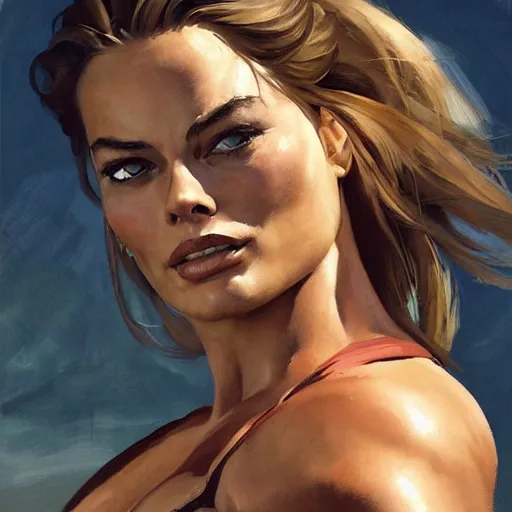 Prompt: greg manchess portrait of margot robbie as thick female bodybuilder lara croft, epic grimdark, fantasy, medium shot, asymmetrical, profile picture, organic painting, sunny day, matte painting, bold shapes, hard edges, street art, trending on artstation, by huang guangjian and gil elvgren and sachin teng