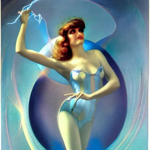 Prompt: A kinetic sculpture. A rip in spacetime. Did this device in his hand open a portal to another dimension or reality?! light blue by Rolf Armstrong composed