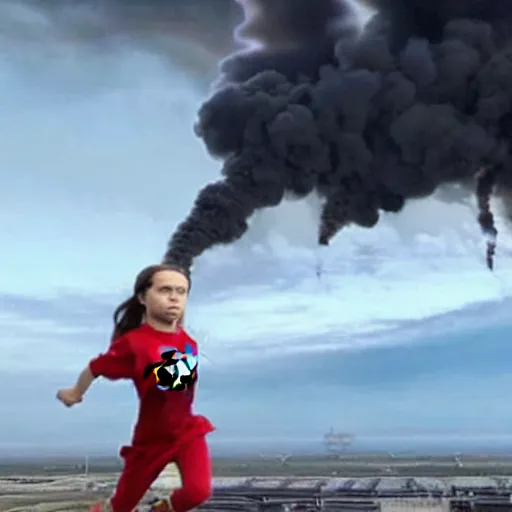 Prompt: epic photo of greta thunberg flying as superman destroying oil refinery explosions and black smoke. cinematic realistic photographic epic lighting