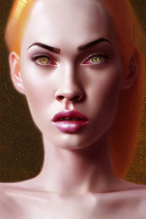 Image similar to Portrait of a beautiful pale skin Nordic female megan fox with long pink hair, elegant, photorealistic, highly detailed, artstation, smooth, sharp focus, gold ornaments, neon lighting, sci-fi, art by Klimt