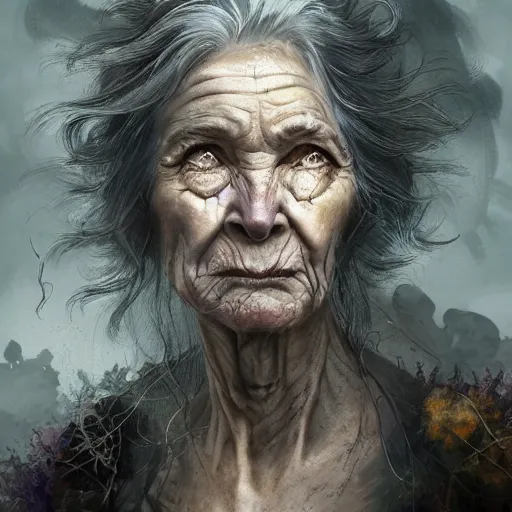 Prompt: fantasy portrait of an energetic old woman with silky, cloudy grey hair, black scars on her face, swamp vegetation in the background, nocturnal palette, art by greg rutowski, raphael lacoste, eddie mendoza, artgerm, trending on artstation