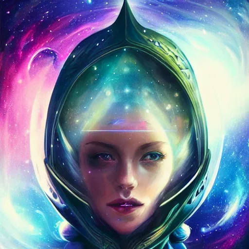 Image similar to love expanding across the universe, galaxy spiral background. exploded helmet, D&D, fantasy, intricate, elegant, highly detailed, digital painting, artstation, concept art, matte, sharp focus, illustration, art by Anna dittmann