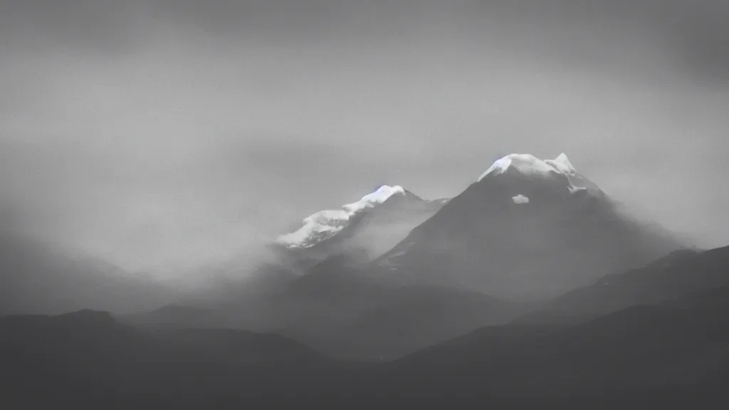 Prompt: the silhouette of a rock band playing in the altiplanic plain with the illimani in the background, film by andrei tarkovski, mysterious foggy atmosphere, orthochromatic look filter, cinematic photography, 3 5 mm, highly detailed, 4 k