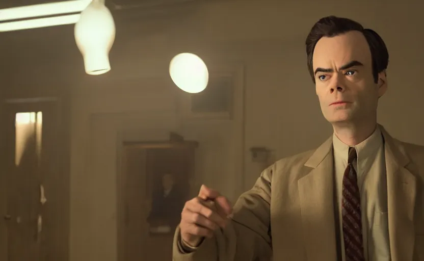 Image similar to Bill Hader as J. Robert Oppenheimer in 'Oppenheimer' (2018), movie still frame, oscar nominated cinematography, volumetric lighting, 8k resolution, beautiful composition