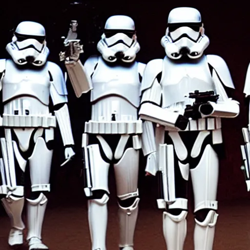 Prompt: a caravaggio artwork film still of star wars storm troopers, artwork by caravaggio