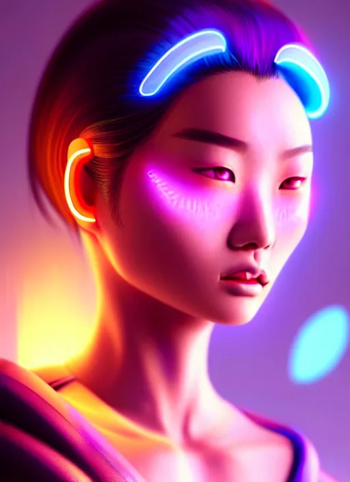 Image similar to an extremely beautiful asian female humanoid with freckle cheeks, cyber neon lighting, by loish, d & d, fantasy, futurism, cyberpunk fashion clothes, elegant profile posing, perfect anatomy, hyper photorealistic, digital photography, artstation, pinterest, concept art, art by pascal blanche and greg rutkowski,