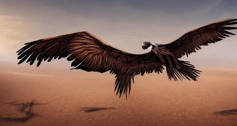 Prompt: artwork of a vulture flying far away in a desert, artstation