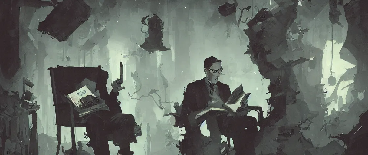 Image similar to a duotone comic noir illustration painting of hp lovecraft reading necronomicon by sachin teng and sergey kolesov and ruan jia and heng z. graffiti art, sci fi, fantasy art, hyper detailed. octane render. trending on artstation