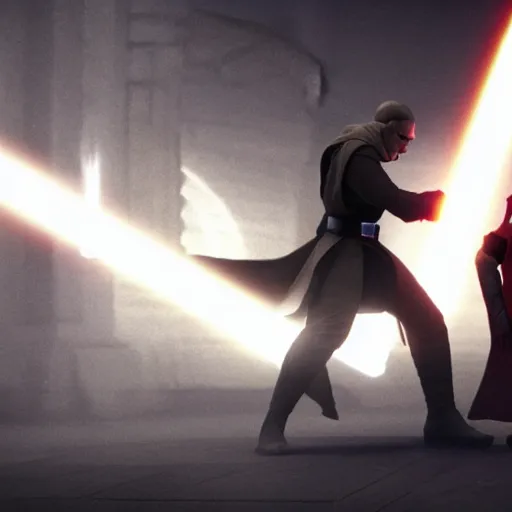 Image similar to A sith fighting a Jedi in the Jedi temple. Epic, cinematic lighting, dreary, other worldly.