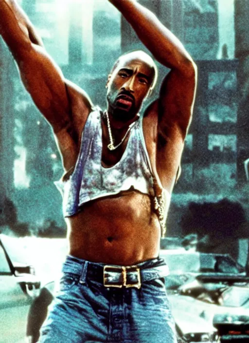 Image similar to film still of Tupac as John McClane in Die Hard, 4k