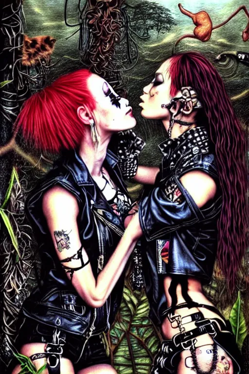 Image similar to punk rock girls kissing and making selfie with black cats in jungle , 1980 style by by Ayami Kojima, mad max jacket, post apocalyptic, Cyberpunk, renaissance, Gothic, mystic, highly detailed, digital painting, 4k, fog, oil painting by Leonardo Da Vinci, hyper realistic style, fantasy by Olga Fedorova