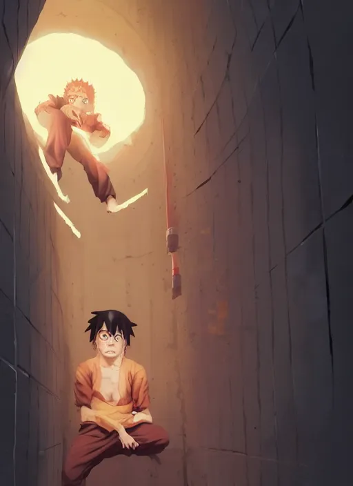 Image similar to highly detailed prison cell with naruto uzumaki with black hair, punching a wall, art by greg rutkowski, loish, rhads, ferdinand knab, makoto shinkai and lois van baarle, ilya kuvshinov, rossdraws, tom bagshaw, global illumination, radiant light, detailed and intricate environment