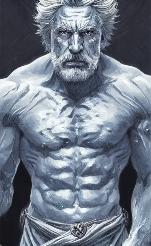 Prompt: rick sanchez, norse god, blue hair, masculine, mature, handsome, upper body, grey and silver, muscular, hairy torso, fantasy, intricate, muscular, elegant, highly detailed, digital painting, artstation, concept art, smooth, sharp focus, illustration, art by gaston bussiere and alphonse mucha