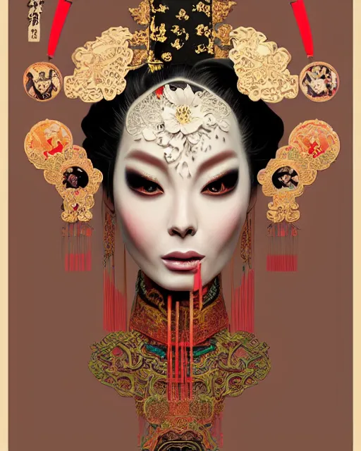 Image similar to portrait of isabelledeltore, machine face, upper half portrait, decorated with chinese opera motifs, asian, fine china, traditional chinese art, intricate, elegant, highly detailed, symmetry, headpiece, digital painting, artstation, concept art, smooth, sharp focus, illustration, art by artgerm and greg rutkowski and alphonse mucha, 8 k