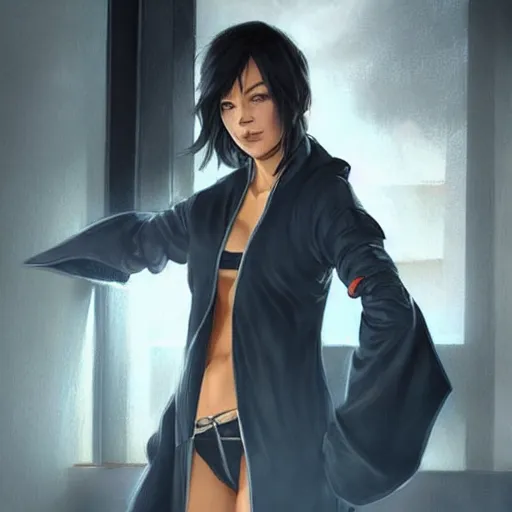 Prompt: cassandra cain wearing a bathrobe!!! standing in the kitchen cooking!!!, beautiful face!!!!, 2 7 years old, cg animation, lifelike, animated, realistic, by artgerm, greg rutkowski, 3 d