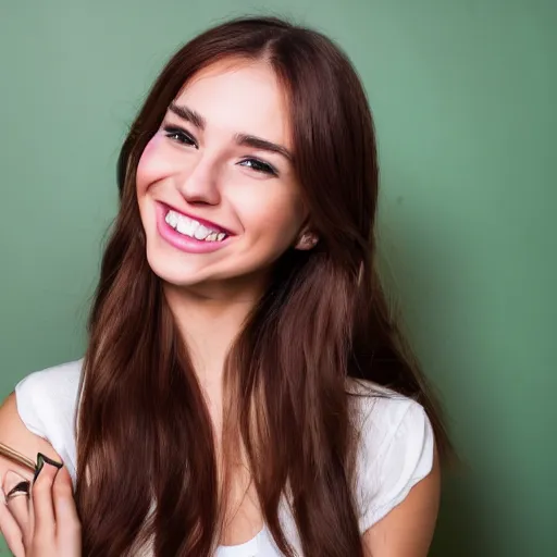 Image similar to a cute young woman smiling, long shiny bronze brown hair, full round face, emerald green eyes, medium skin tone, light cute freckles, smiling softly, wearing casual clothing, relaxing on a modern couch, interior lighting, cozy living room background, close-up shot,