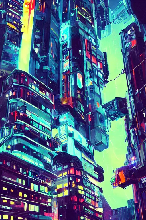 Image similar to cyberpunk buildings with a flight vehicle glowing in the sky, neon sign, bottom view ， bladerunner, by ryan hewett