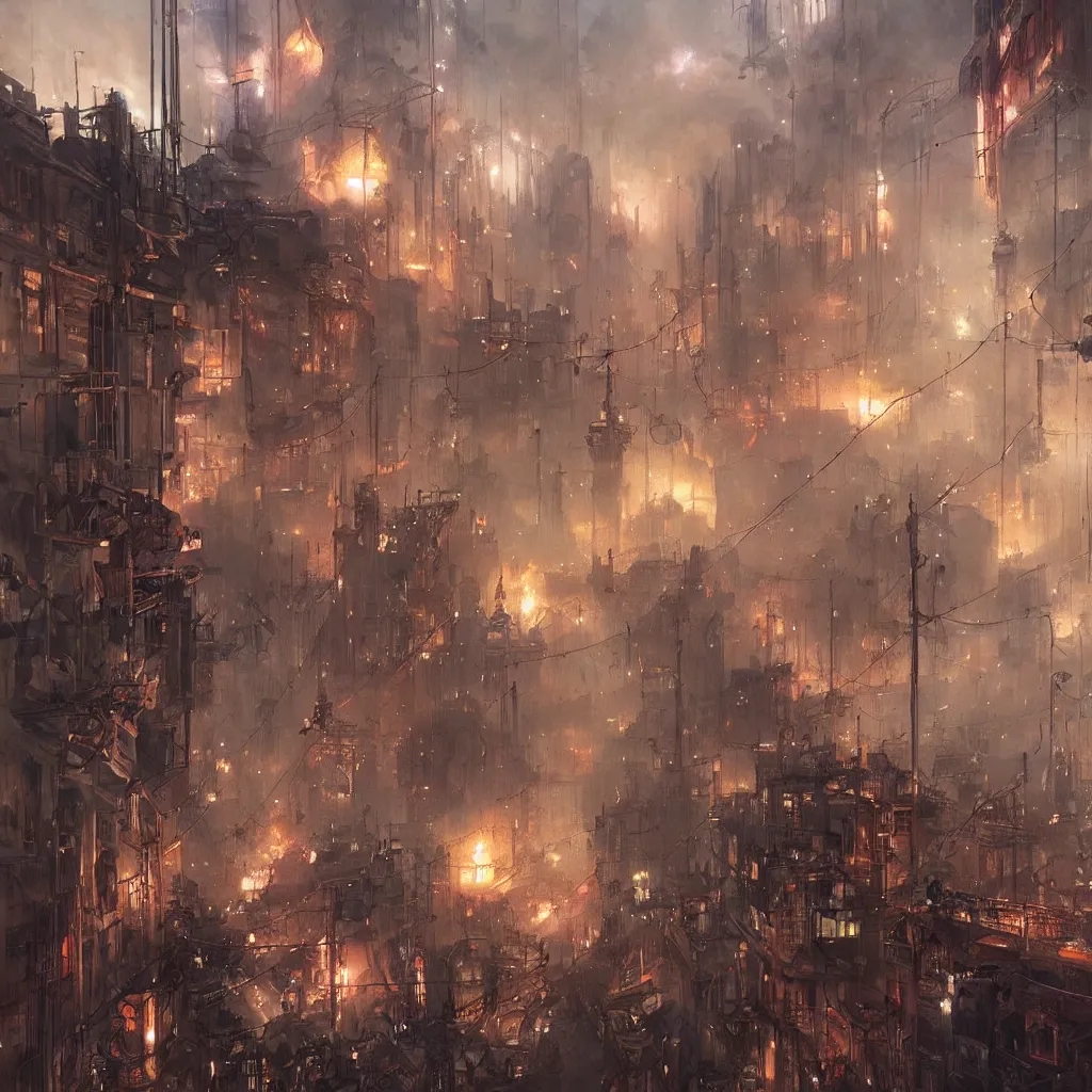 Prompt: steam punk city under attack, by greg rutkowski, so many wires