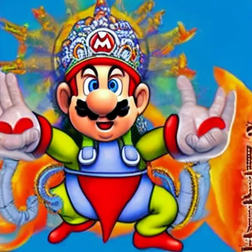 Image similar to hindu god with many arms, supermario fusion