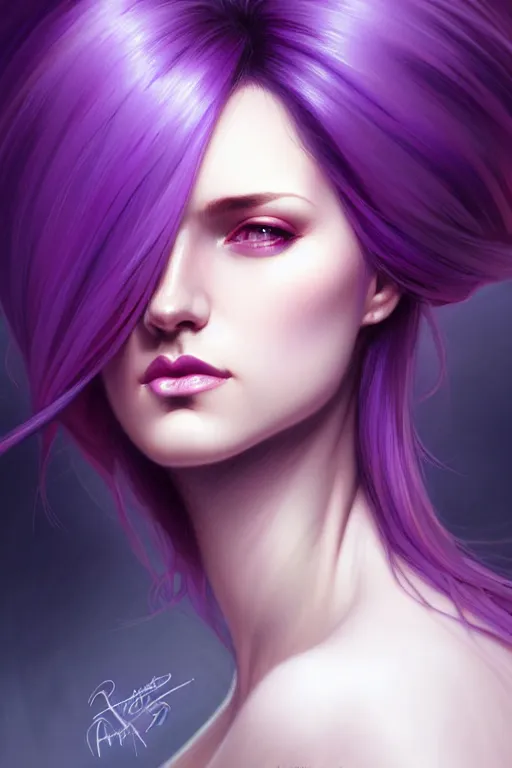 Prompt: Purple hair, creative colouring Portrait of woman, fashion, colored strands of hair, intricate, elegant, highly detailed, digital painting, artstation, concept art, smooth, sharp focus, illustration, art by artgerm and greg rutkowski and alphonse mucha