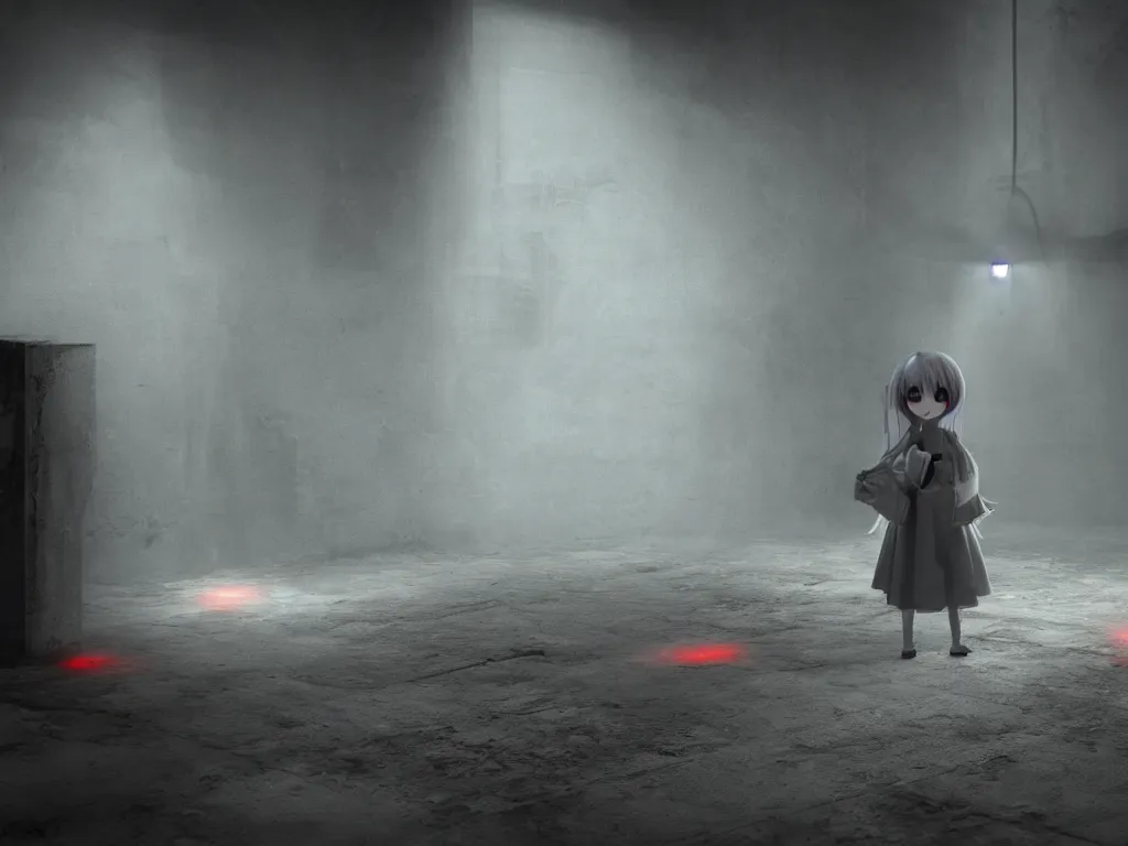 Prompt: cute fumo plush girl ghost in a mysterious concrete wartorn brutalist ruin, ominous bright red spotlight lens flare glow, chibi gothic wraith maiden of the afterlife, dramatic three point lighting, glowing wisps of hazy smoke and volumetric fog swirling about, production volume rendering, vray