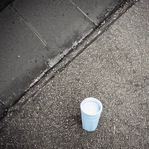 Prompt: a plastic cup on the sidewalk of a big city, sigma 8 5 mm f / 8